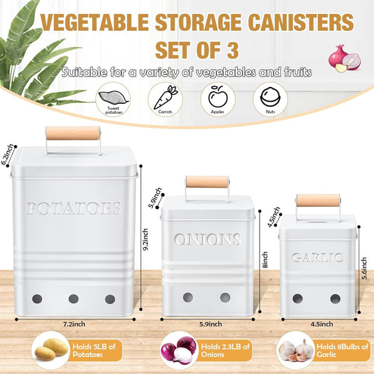 3 Pcs Potato Onion Garlic Storage Bin Metal Vegetable Keeper Container with Lid Aerating Hole Farmhouse Style for Kitchen Counter Pantry Sweet-potato Carrot Fruit Keep Fresh Longer (White)