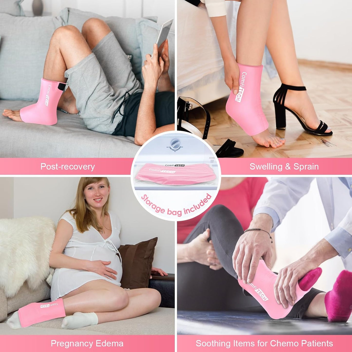 ComfiTECH Ankle Ice Pack Wrap, Large Opening for Foot & Heel, L, Pink | Pliable After Frozen, Eases Ankle Sprains, Heel Soreness & Foot Swelling