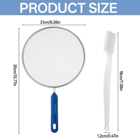 Splash Guard for Frying Pan, 8 Inch Stainless Steel Oil Splatter Pan | Splatter Guard with Nylon Brush Fine Mesh for Pan Cooking Supplies Shield from Splashing Oil