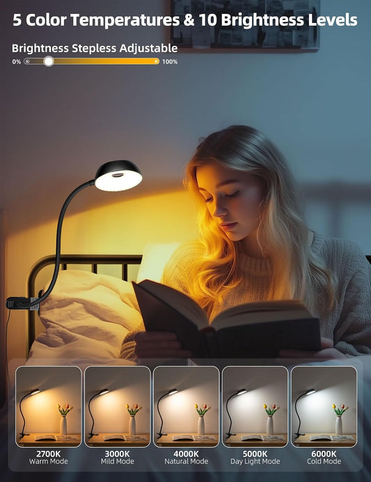 Clip on Light, LED Reading Light for Beds Headboards,5 Color Modes Dimmable | Flexible Clip on Lamp with Clamp,Eye-Friendly Book Light Reading Light for Books in Bed Bedside Desks White