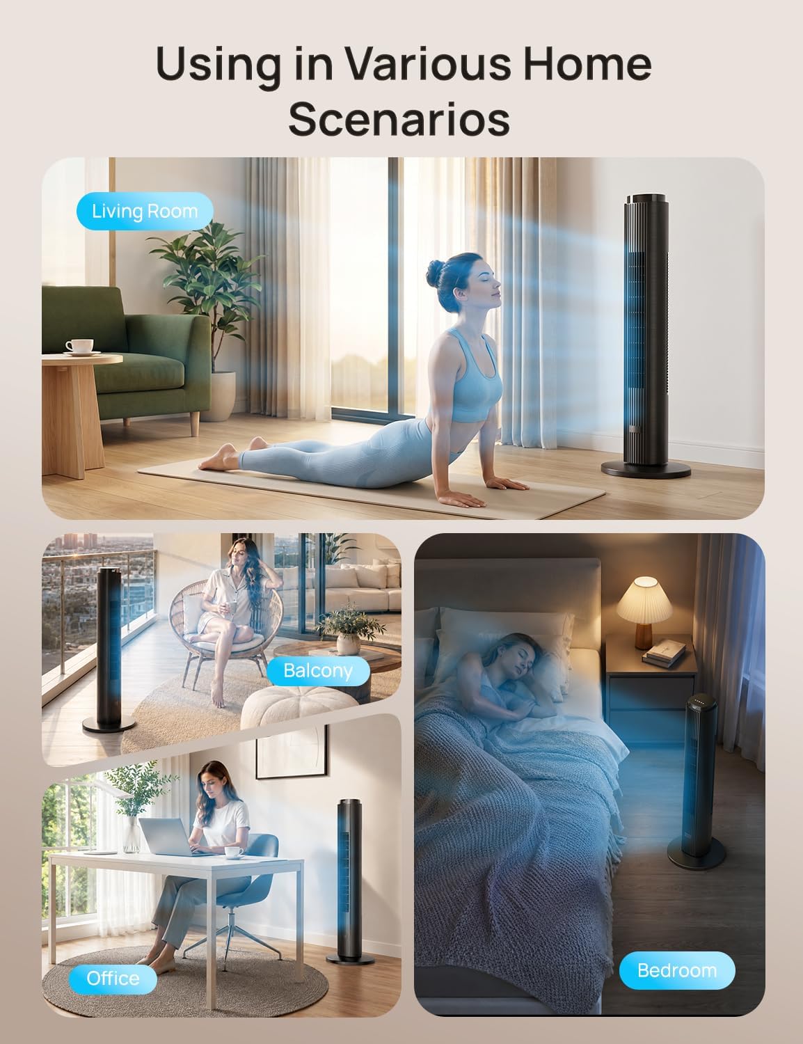 ZAFRO Tower Fan for Bedroom, 37'' Bladeless Fans with 4 Modes 6 Speeds, 26 ft/s Velocity, 28dB Quiet for Sleep, LED Touchpad & 12H Timer, 90° Oscillating Floor Fans that Blow Air, Black