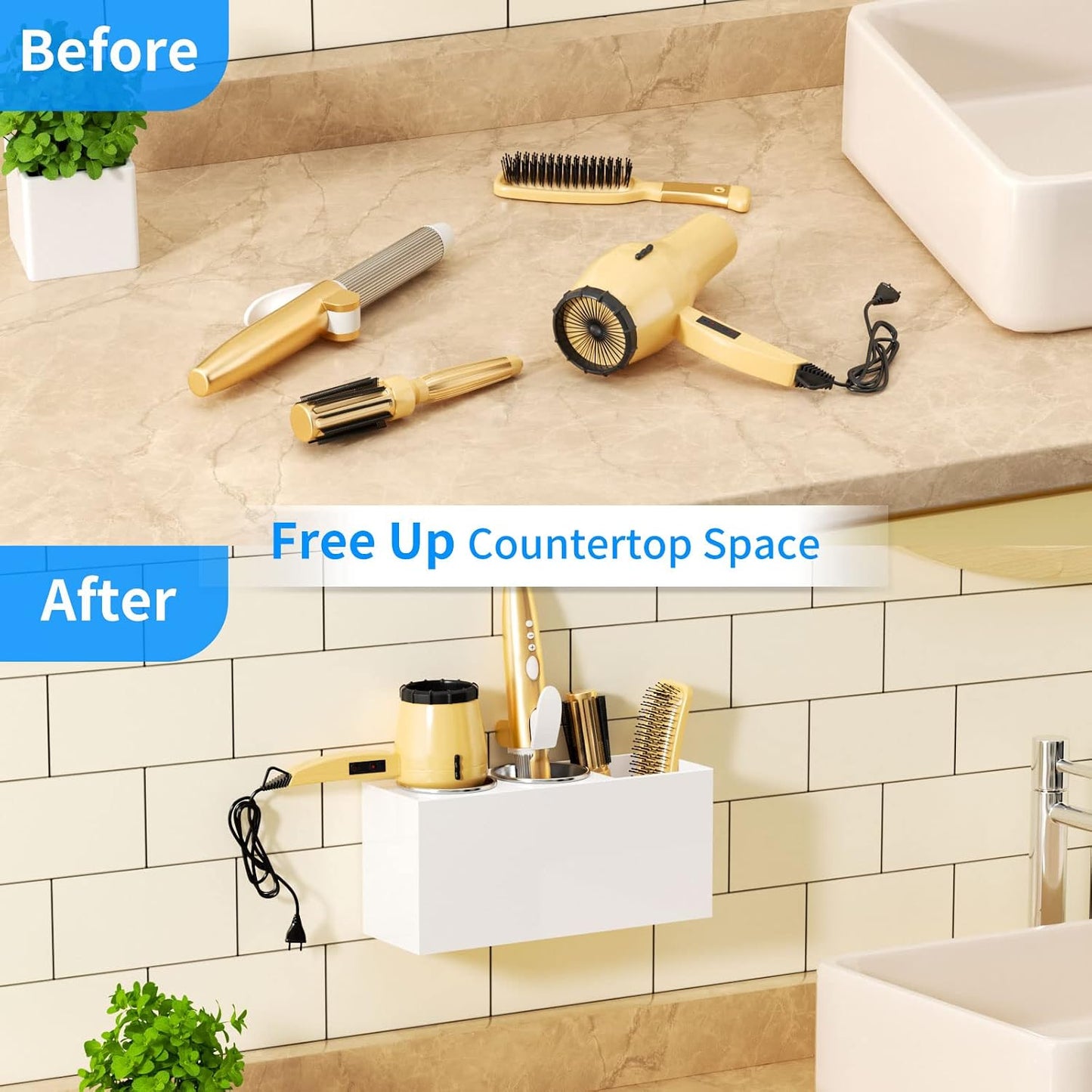NIUBEE Hair Tool Organizer Wall Mount, Hair Dryer Holder for Bathroom,White | Acrylic Hair Organizer Storage Countertop, Blow Dryer Holder, Hot Tools Organizer for Curling Iron, Brush, 2 Stainless Cups