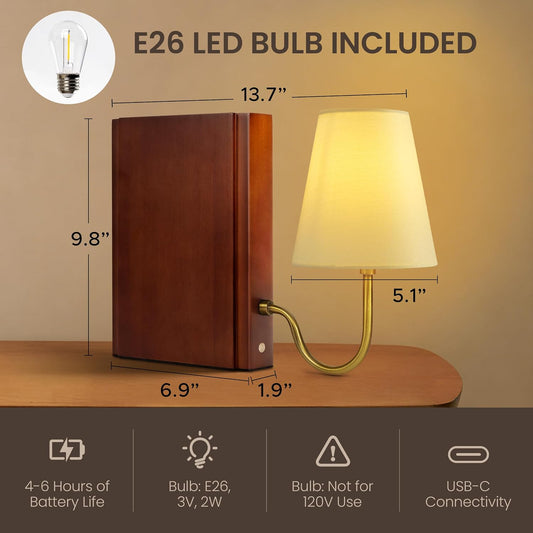 AELS Solid Wood Bookshelf Lamp with Bulb, Cordless Rechargeable Touch Dimmable Table Lamp with Linen Fabric Shade, Modern Decorative Bookend Lamp for Bedroom, Office & Bookshelf Decor, Dark Brown