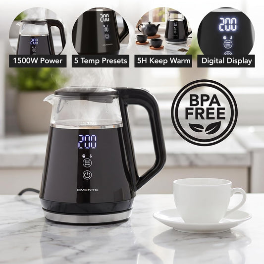OVENTE 1L Electric Kettle with Temperature Control, 1500W, Black KD95B | Water Boiler With Digital Display, 5Hr Keep Warm, Auto Shut-Off, Double-Wall Cool-Touch Exterior, BPA-Free Borosilicate Glass