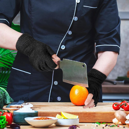 Geyoga 2 Pair Fingerless Cut Resistant Gloves Kitchen Cutting Glove Food Grade Gloves for Chef Mandolin Slicing(Grey and Black)
