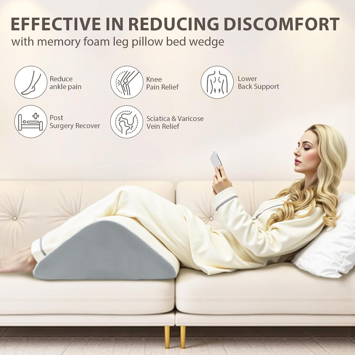 Knee Wedge Pillow for Leg Elevation, 6.3 Inch Triangle Design, Post Surgery Recovery Support, White