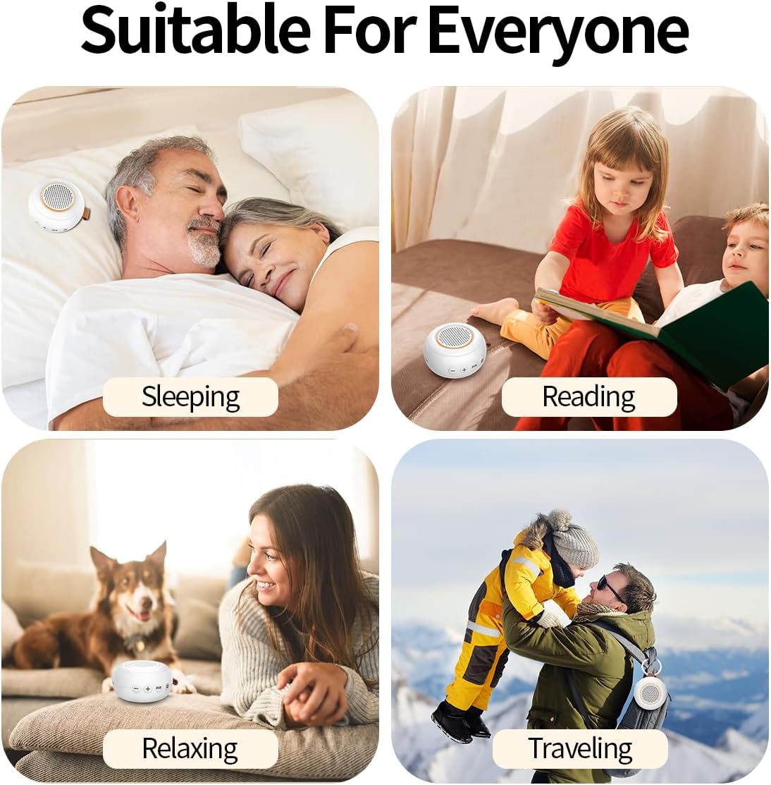 Sound Machine Noise Machine with 30 Soothing Sounds 12 Night Lights 4 Timers Memory Function 32 Level Volumes Rechargeable Battery for Sleeping Working Relaxing for Baby Adults Kids White