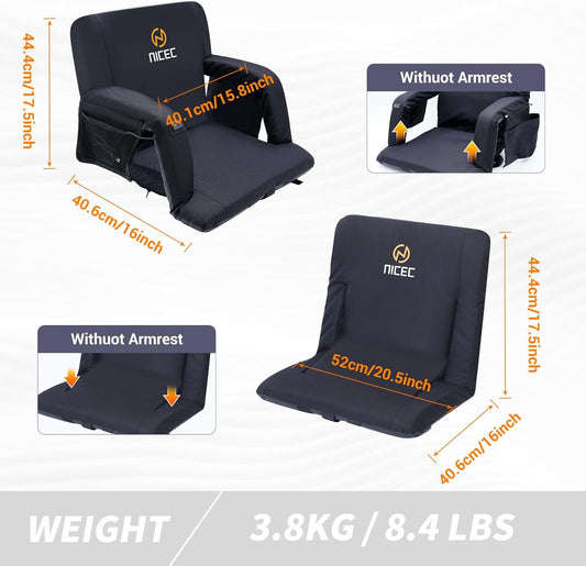 Nice C Heat Massage Stadium Seat, Reclining Bleacher Seat (Regular 1 Pack) | Foldable Floor Arena Chair, Waterproof Stadium Cushion, Thick Padding, Back Support, Shoulder Straps, Side Pockets