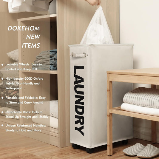 DOKEHOM 25" Slim Rolling Laundry Basket Hamper, Narrow on Wheels, Grey | Collapsible narrow laundry hamper with mesh drawstring closure. Foldable corner clothes storage bin for small spaces
