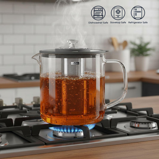 Aquach 85oz Glass Tea Pot with Infuser, Stovetop Safe Borosilicate Teapot | Dishwasher Safe, Plastic-free, Extra-Large Family Capacity, Precise Loose Leaf Filter, Easy-clean