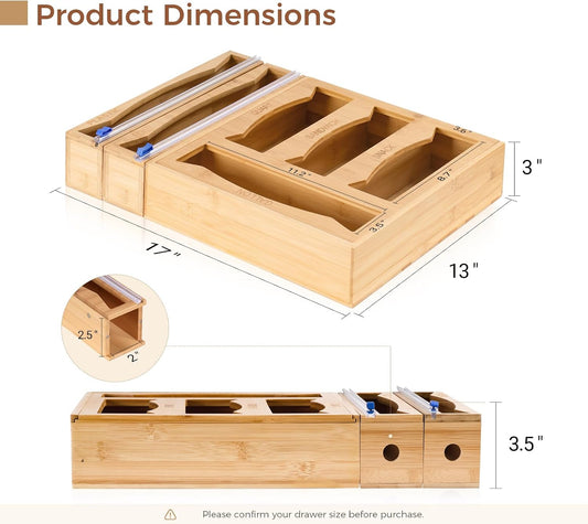 6-in-1 Bamboo Kitchen Drawer Organizer for Storage Bag, Foil & Plastic Wrap | Saran Wrap Dispenser with Cutter, Plastic & Grocery Bag Holder, Bamboo Drawer Organizer, Gallon/Quart Storage Bags