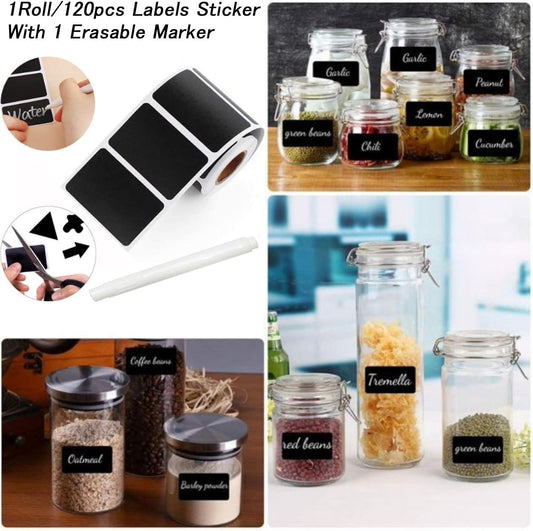 Chalkboard Labels Sticker,120 Pcs Waterproof Blackboard Reusable Sticker Label with 1 Erasable Chalk Liquid Markers, for Storage Bins, Mason Jars,Pantry, Office,Store and Decoration