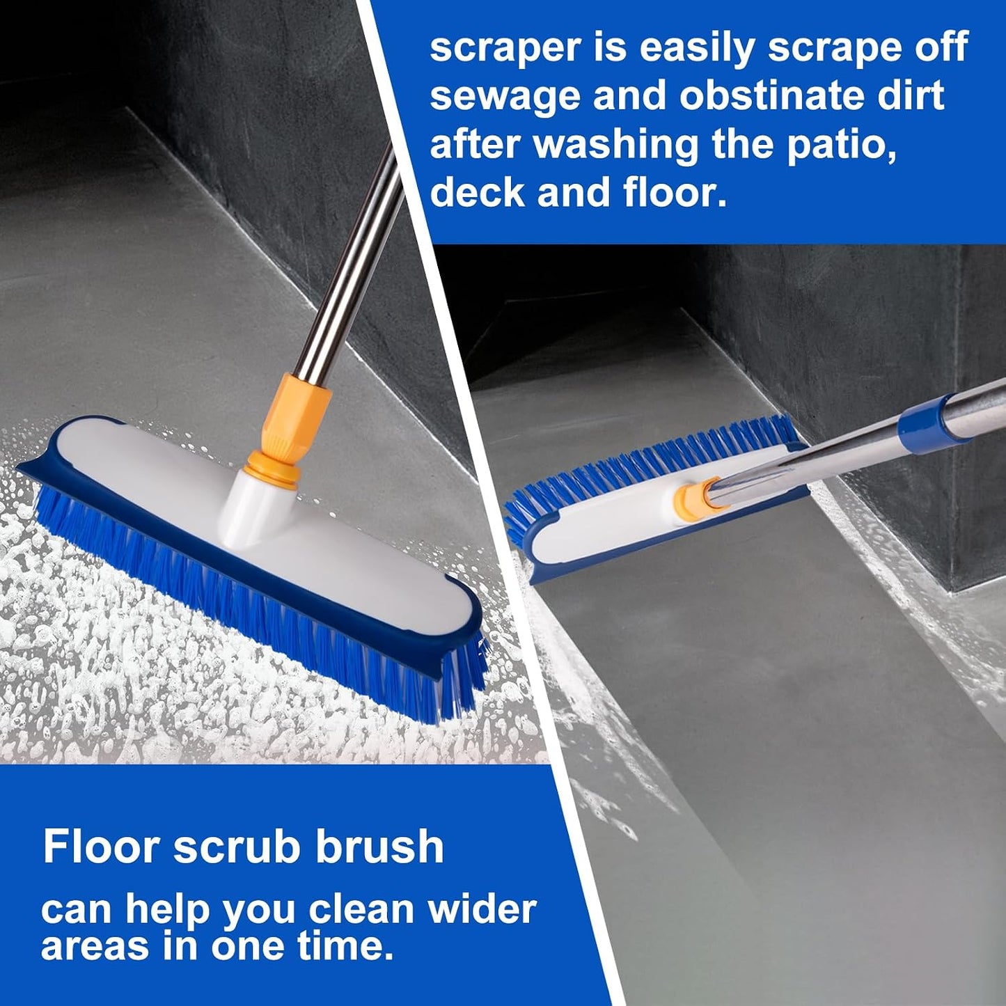 Floor Scrub Brush with Long Handle - 53" Deck & Grout Cleaner Brush Set for Tile, Marble, Stone, Bathroom, Patio, Garage, Deck & Floor Cleaning