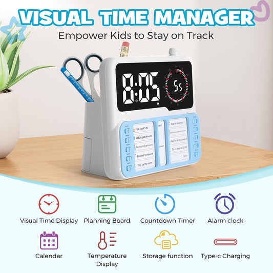 7-in-1 Visual Timer with Task Planner - Blue | ADHD Time Management Tool With Alarm, Countdown, Calendar, Temperature Display and Storage, Ideal for Home and School