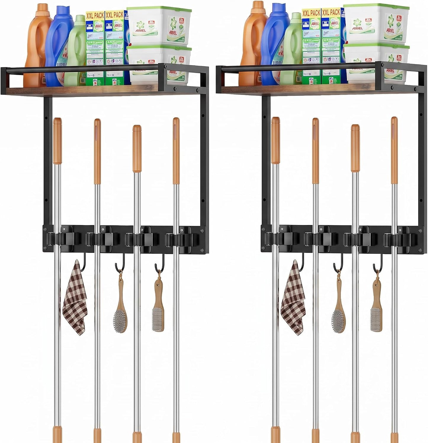 Broom Holder Wall Mount with Shelf, 15.7" Wx6.7 Dx15.7 H, 1 Pack | Load 66LBS, 4 Mop Hanger Grippers, 3 Hooks, for Laundry Room, Garage, Utility Closet, Kitchen