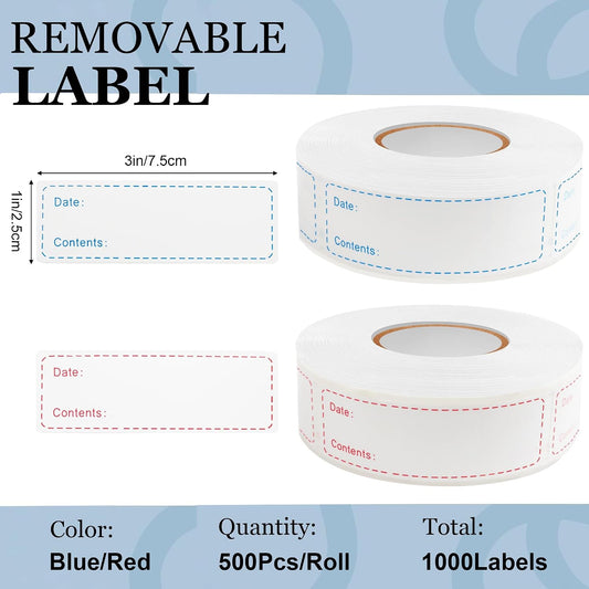 1000pcs Food Labels, AIMEIKI 1 x 3 Inch Removable Date Stickers Freezer Labels for Food Containers, Easy to Write-On & No Residue (2 Rolls)