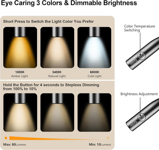 Gritin Book Light, Eye Caring 3 Colors & Dimmable Brightness Reading Light | Bendable Arms, 80+Hrs Runtime, Neck Round Design, Comfortable & Lightweight Neck Light for Reading in Bed, Crafting, Knitting