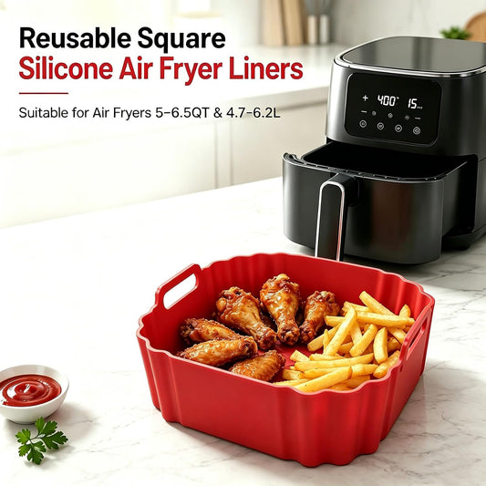 2 Pack Square Silicone Air Fryer Liners,8.5 Inch Air Fryer Liners for COSORI 5-6.5 QT,Reusable Silicone for Air Fryer Basket,Compatible with Ninja AF141 181,COSORI,Chefman& More