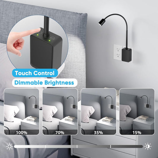 Plug in LED Book Reading Spot Light, White Dimmable Wall Sconce Lamp with Power Plug and Outlet Extender for Kitchen Bedroom Living Room, 3 Lighting Colors, USB Output Charging Ports