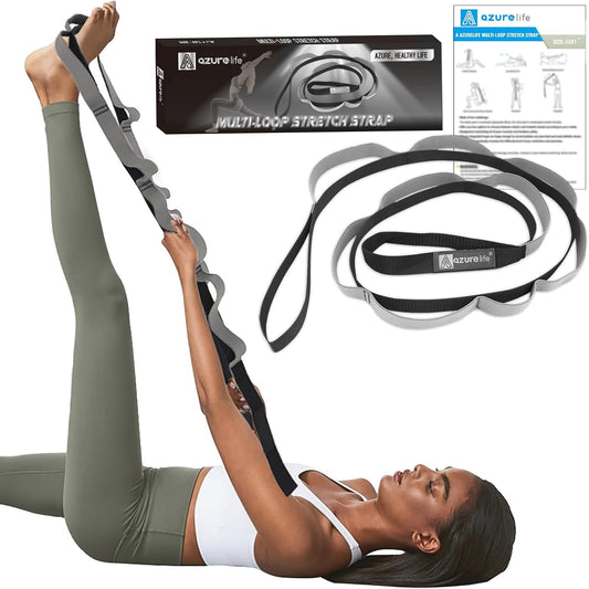 A AZURELIFE Half-Elastic Stretch Straps with 11 Loops, Stretching Strap for Physical Therapy, Multi-Loop Yoga Strap Fitness Exercise Strap for Yoga, Pilates, Dance, Flexibility&Exercise