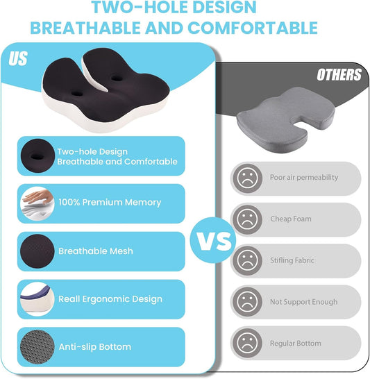 Seat Cushion, Memory Foam for Sit Bone and Back Pain Relief | Dual-Hole Ventilation, Coccyx,Sciatica and Tailbone Hip Relief ,Posture Support ,Office Chair and Car Seat,Home Use