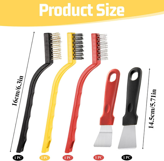 5 Pack Kitchen Stove Cleaning Brush + Scraper Tool Set, Stainless Steel and Nylon Brush Head Brushes Heavy Duty Scraper for Gas Burners Cooktop Pan Brass Kitchen, Bathroom, Range Hood Grease Grime