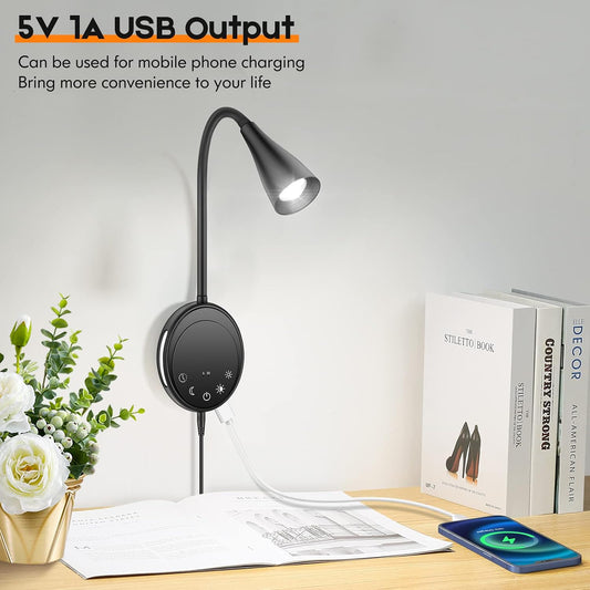 SANKEDOU LED Wall Mounted Reading Light, Book Light for Reading in Bed with Touch Control, 5 Dimmable, USB Output, Night Light & Timers Function, Flexible Gooseneck Headboard Bed Lights (White)