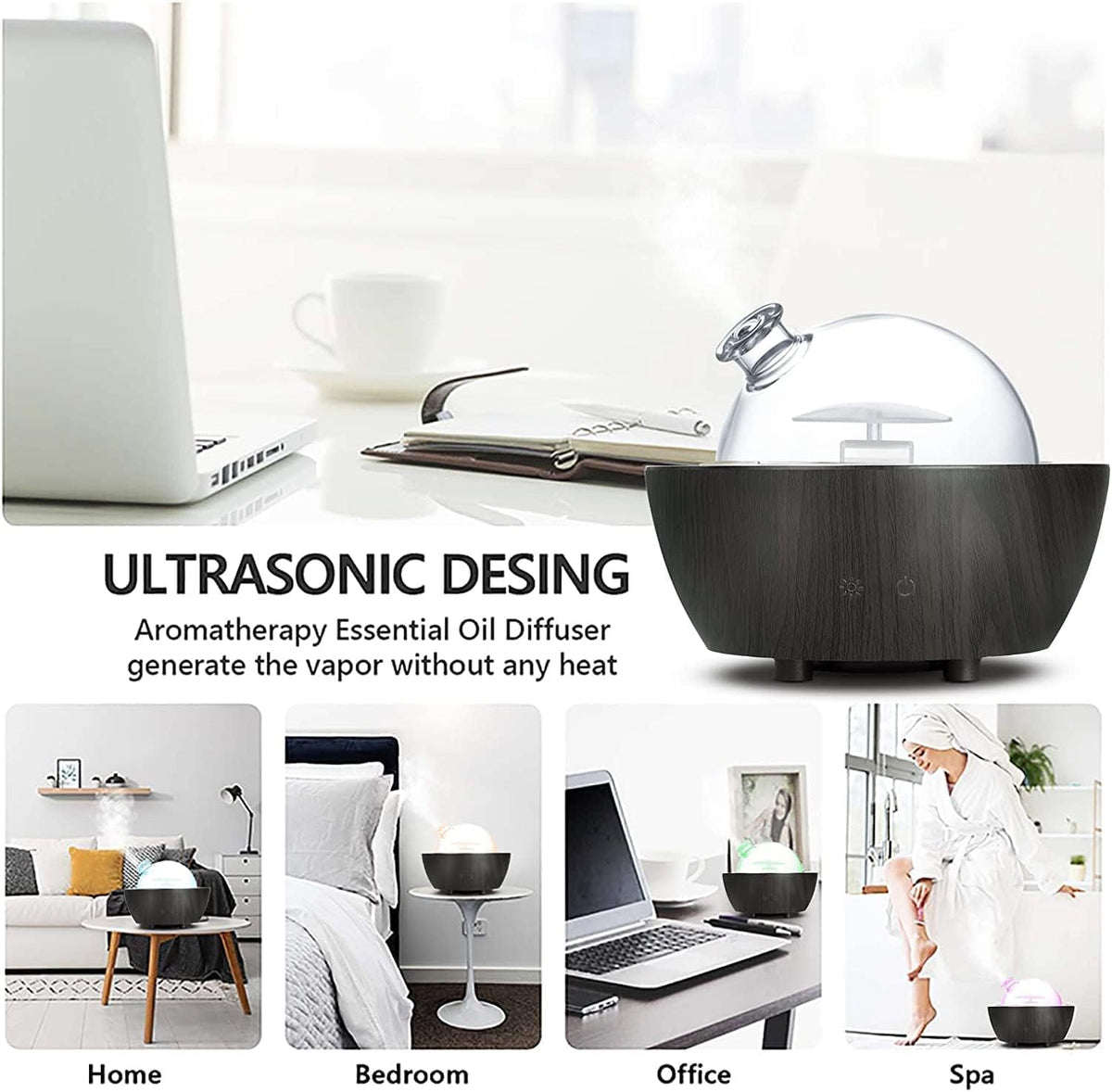 280ml Glass Essential Oil Diffuser Wood Grain Base Air Aroma Diffusers for Aromatherapy Cool Mist Humidifier with Safe Auto Shut-Off and 7 Color LED Night Lights for Home Office Room