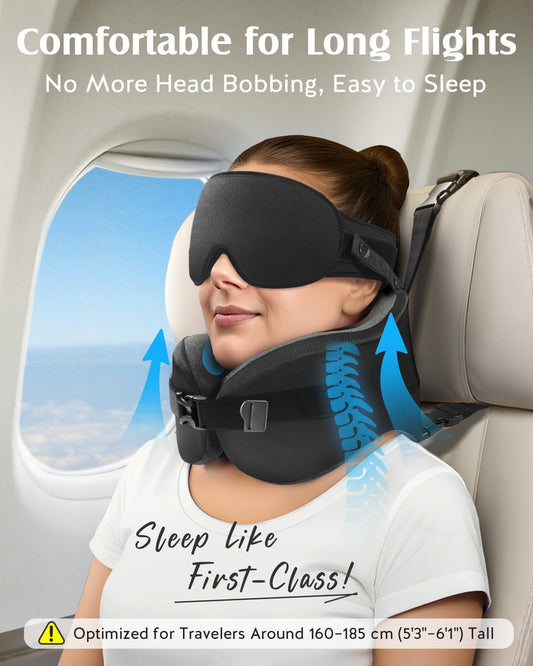 YFONG Travel Pillow with Head Support & Sleep Mask for Long Flights, Black | Patented 360° Support System, Prevents Bobbing, Airplane Head Strap, 3D Eye Mask, Memory Foam Neck Pillow, Travel Essential