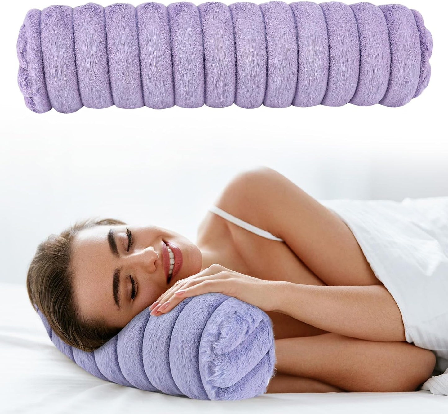 Round Cervical Roll Cylinder Bolster Pillow, Cervical Neck Roll Sponge Pillow, Faux Fur Cylinder Pillows, Neck Pillow for Sleeping for Head, Neck, Back, and Legs (Pink)
