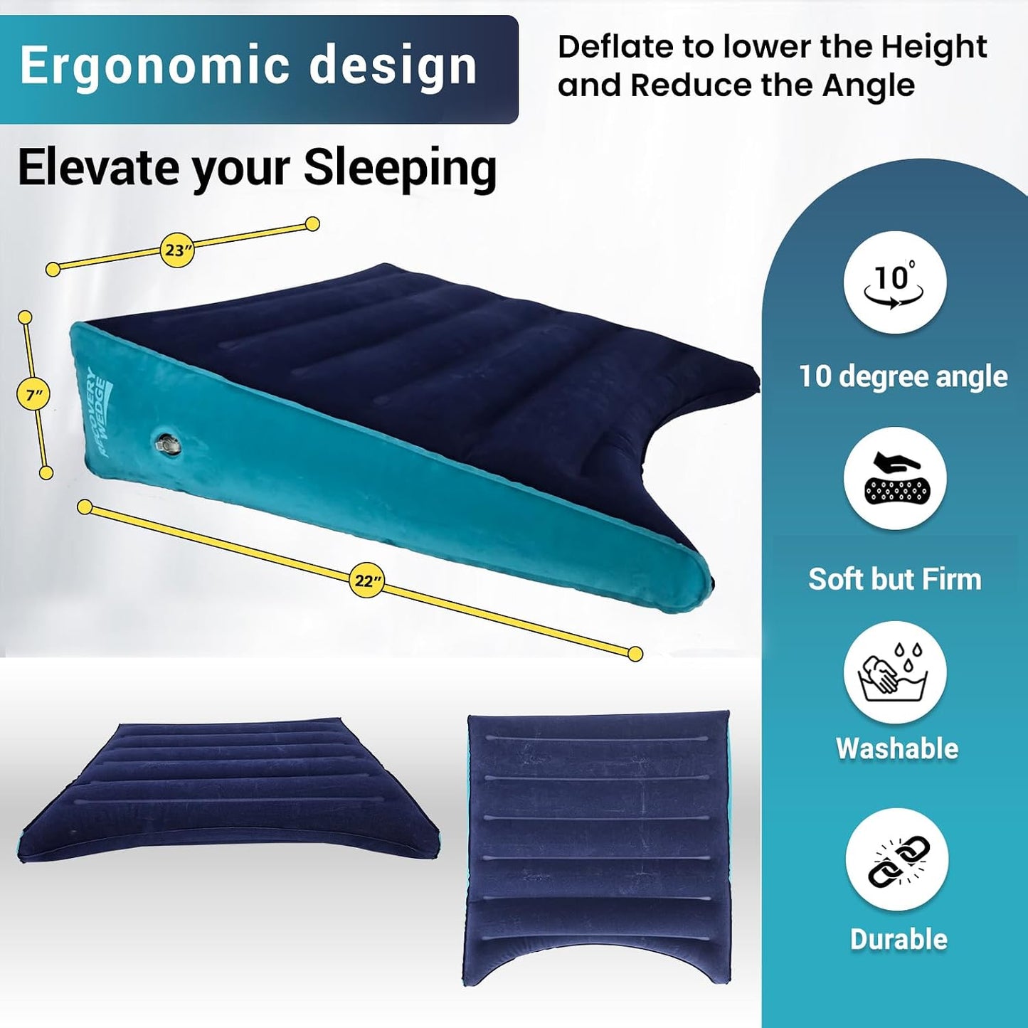 Leg Elevation Pillow by Recovery Wedge, Inflatable Wedge Pillow for Sleeping and Post-Surgical, Improve Circulation and Reduce Swelling, Speed Injury Recovery. (Large triangle)