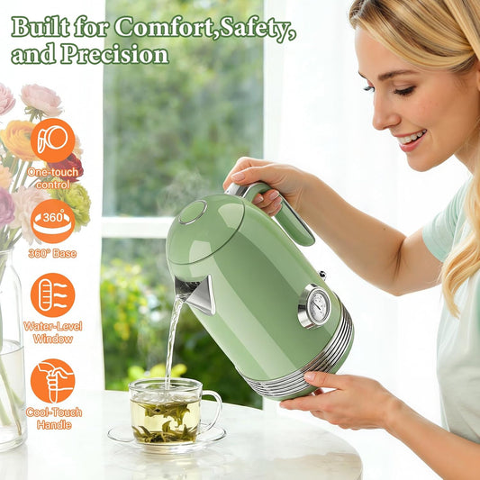 Electric Kettle, 1.7L Tea Kettle with Thermometer, Retro Green | 1500W Stainless Steel Hot Water Pot Kettle, Fast Boil Cordless Electric Kettle, Auto Shut-Off & Boil-Dry Protection