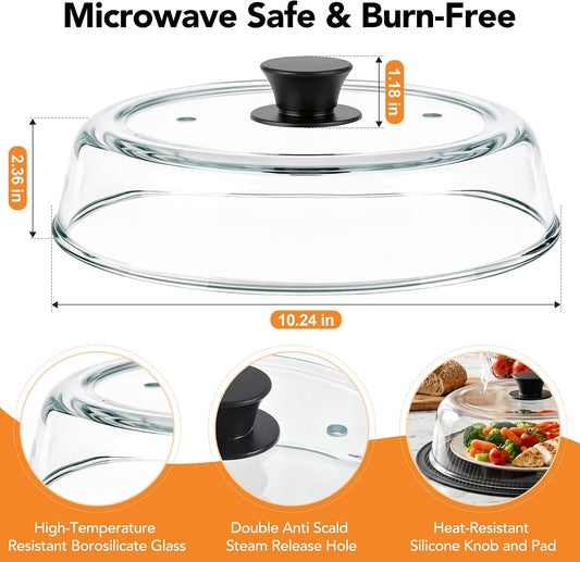 AUFKXOO 10 inch Glass Microwave Cover for Food,2-in-1 Microwave Splatter Cover with Silicone Pad, Microwave Plate Lid with Vent Holes & Easy-Grip Handle