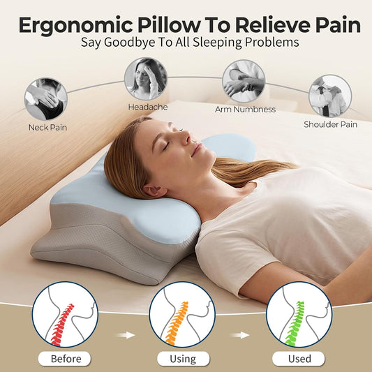Ylekto Cervical Neck Pillow for Pain Relief - Contour Memory Foam Pillows | Ergonomic Pillow for Sleeping, Side Sleeper Pillow for Neck Support, Bed Pillow for Side Back Stomach Sleepers (Blue & Grey)