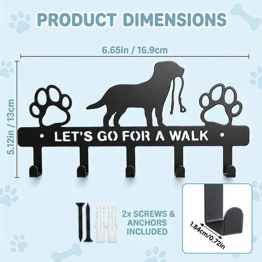 Dog Leash Holder for Wall, 5 Metal Hooks Key Mount | Screw Mounted Rack, Holds Leashes Keys Collars, for Entryway Garage Mudroom