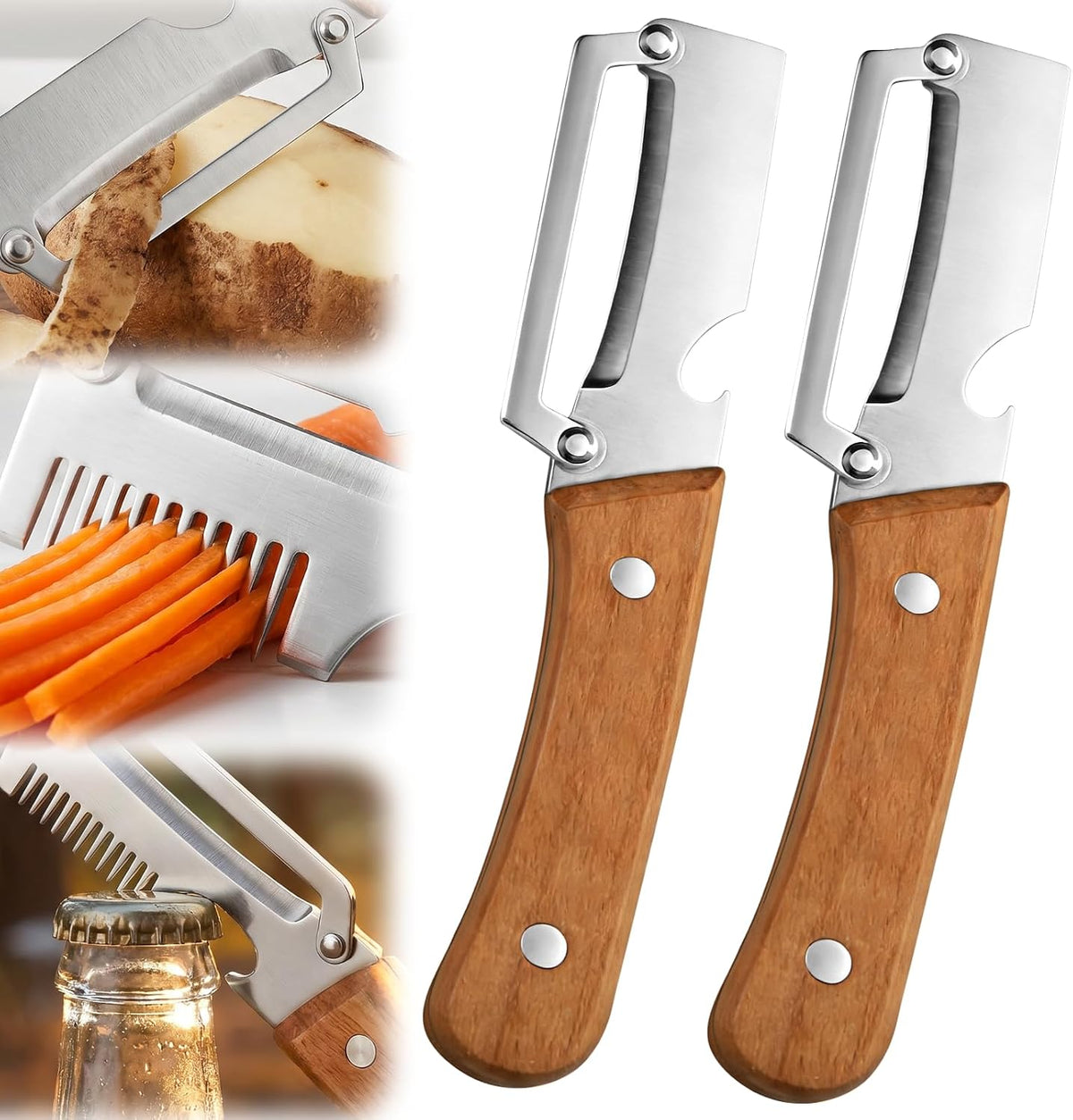 2026 Upgrade Vegetable Peeler and Julienne Peeler Set, Stainless Steel Vegetable Peelers for Kitchen with Wood Handles and Bottle Opener, Multifunctional Vegetable Peeler Set