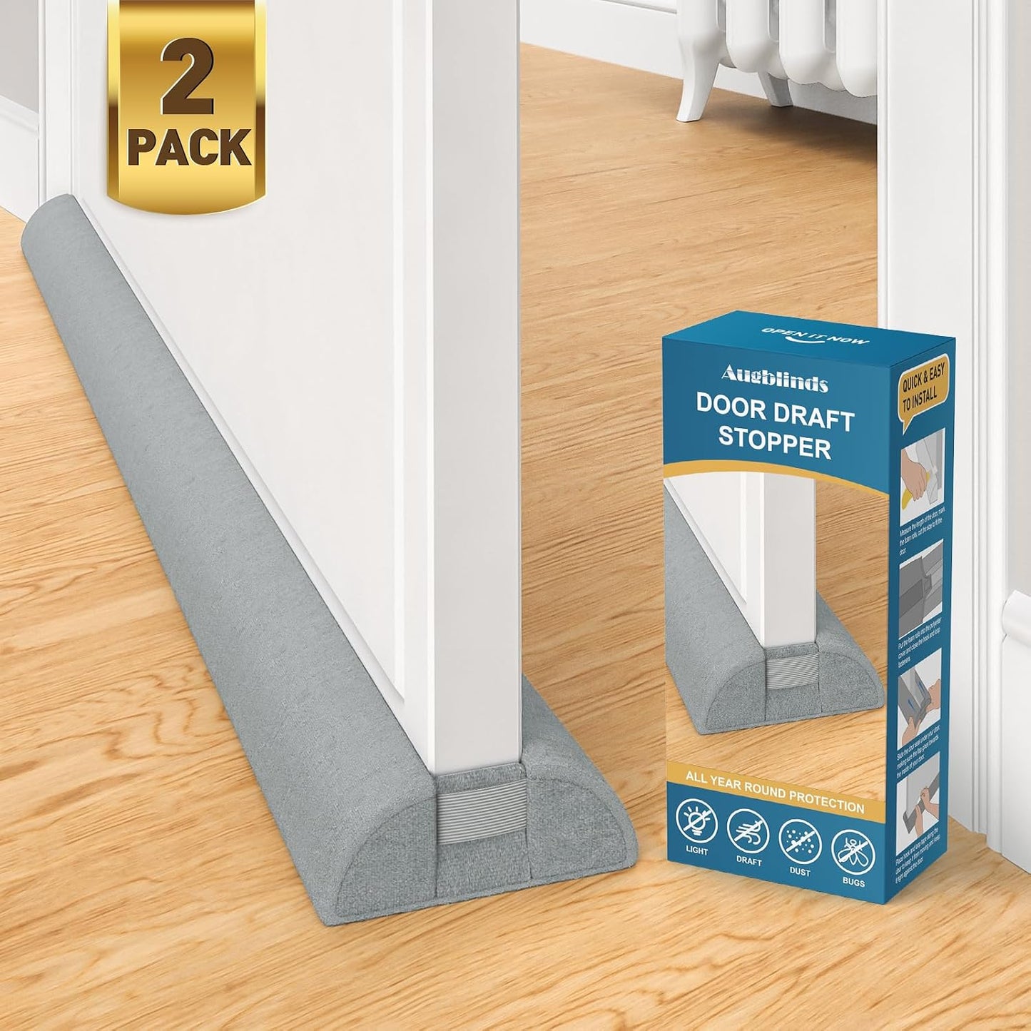Augblinds 2X Double-Sided Door Draft Stopper, Adjustable 36 in, Gray | Soft Plush Cover and Dual Foam Tubes, Fits 30-36 Inch Doors, Helps Reduce Drafts, Light and Noise, Machine Washable