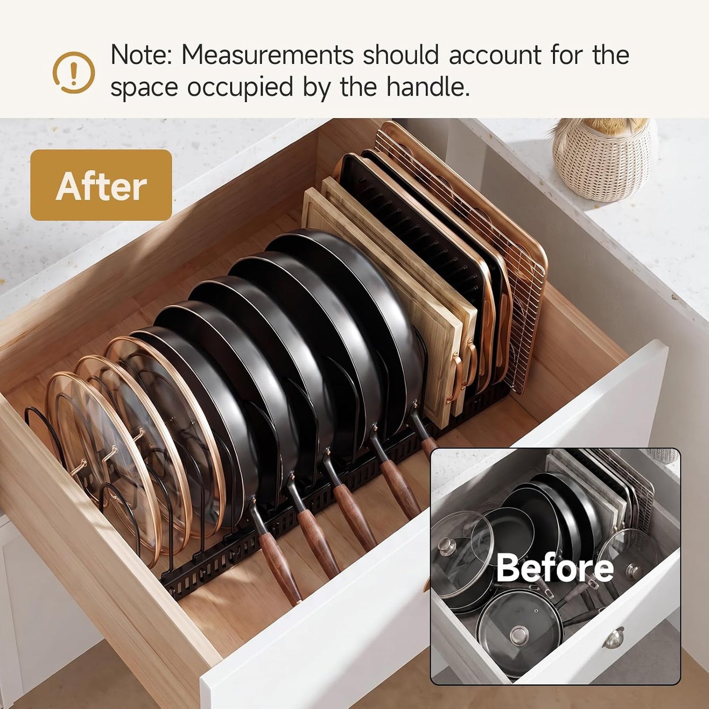 MUDEELA Pot Lid Organizer for Cabinet, Adjustable Baking Pan Rack 7 Slots | 7 Adjustable Divider, Tool-Free Assembly,Non-Slip, Scratch-Proof, Sturdy Metal Frame, For Pan Lid Cutting Board Bakeware