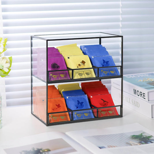 REDHUGO Glass Tea Bag Organizer for Counter, 2-Tier Teabag Organizer Storage Holder for Tea Bags, Glass Caddy Box Containers, Rack Teabag Station Stand for Cabinet Kitchen, 2-Tier, Gold