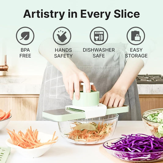 ZKIRON Stainless Steel Mandoline Slicer for Kitchen, 6-in-1 Handheld Vegetable Slicer with 360° Full-Cover Safety Guard, Potato Cucumber Julienne Shredder Grater, Compact Salad Prep (Mint Green)