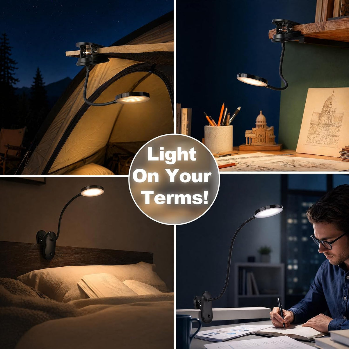 Clip on Light, Stepless Dimmable & 3 Colors Touch Control Clip On Bed Light. Dorm Room Essential 2600mAh Rechargeable Battery Powered Lamp. Flexible Clip On Lamp for Desk/Bedside/Headboard