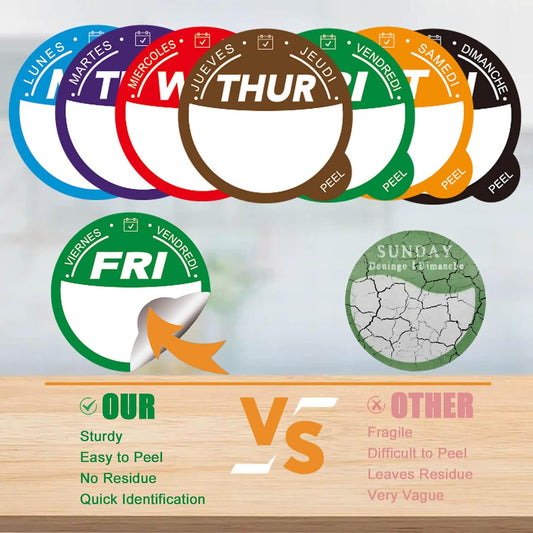 Label Stickers for Food Containers with Dispenser Box, Removable Day Dot Food Labels Peel Tab 7 Day of The Week for Home Freezer Restaurant Supplies Week Monthly Planners Meal Prep Accessory
