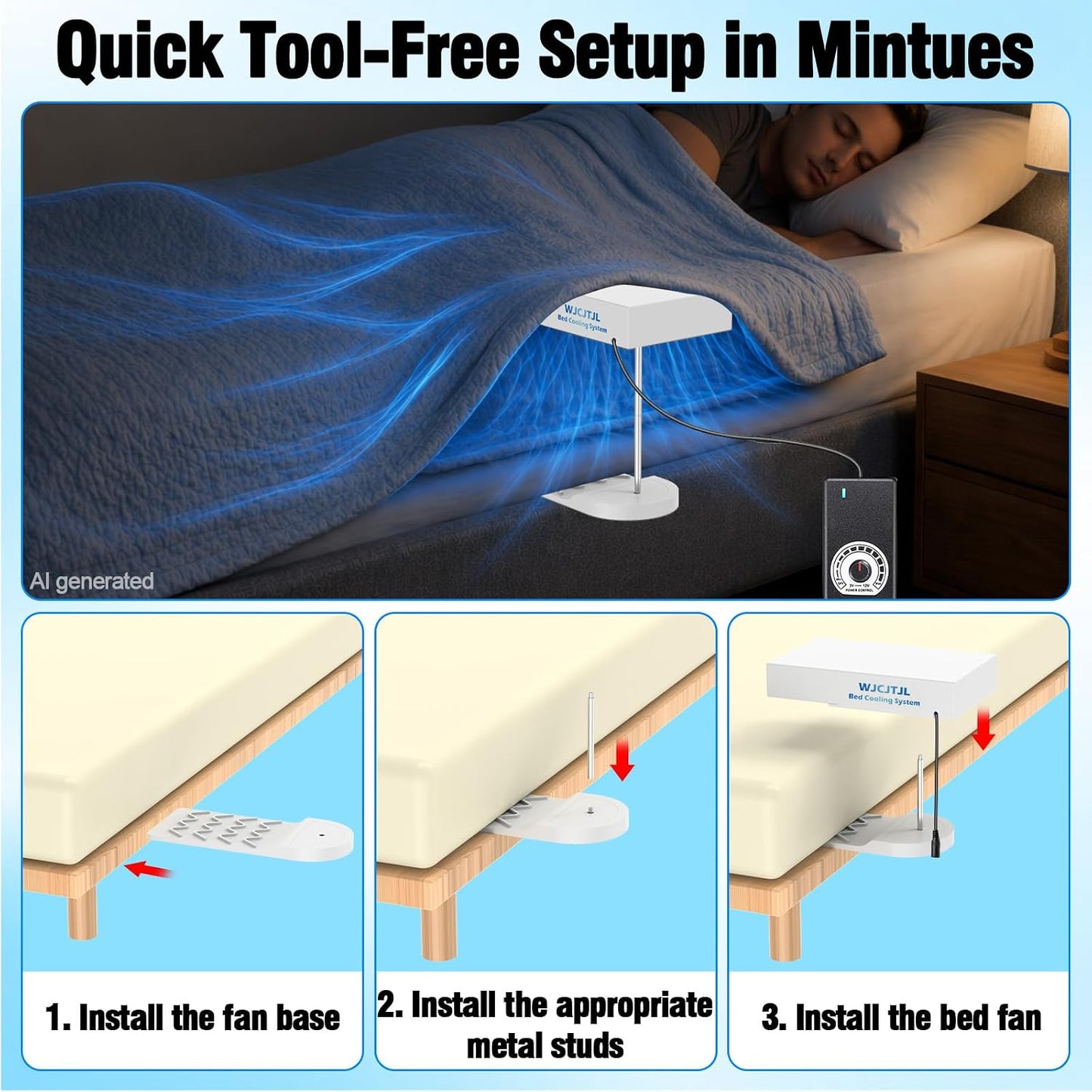 Bed Fan Under Sheets, Bed Cooling System with Adjustable Fan Speed (White) | Bed Cooling Fan for Bedroom, Bed Airflow System for Night Sweats, Hot Sleepers, Fits All Mattress Heights, Easy Installation