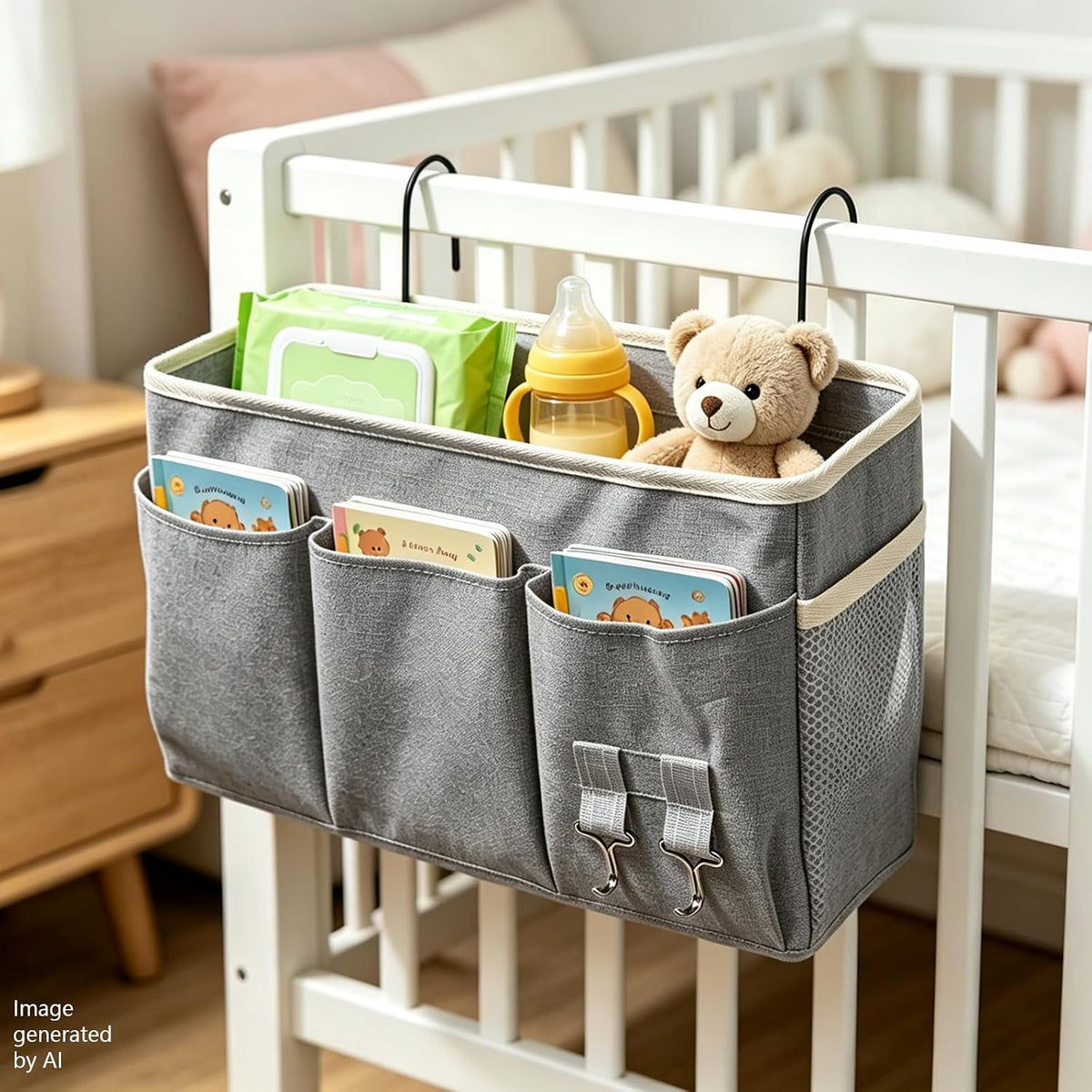 White Bedside Caddy Wall Bag for Dorm Bunk Hospital Beds, Stores Phone Books Glasses