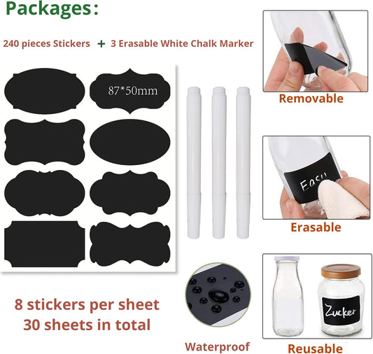 Chalkboard Label Waterproof Reusable Labels for Food Containers Chalk Sticker Labels with 3 Liquid Chalk Markers for Mason Jars, Parties Decoration, Craft Rooms, Storage, Home, Kitchen