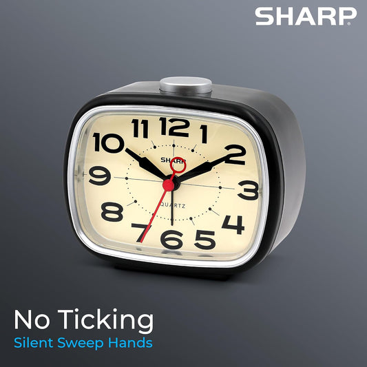 Sharp Small Retro Analog Alarm Clock, Silent Non-Ticking, Battery Powered