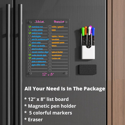 Acrylic Dry Erase Board to Do List Board for Fridge 12"X8" Clear Note Board Magnet Whiteboardwith 5 Markers Note Board Magnet Whiteboard