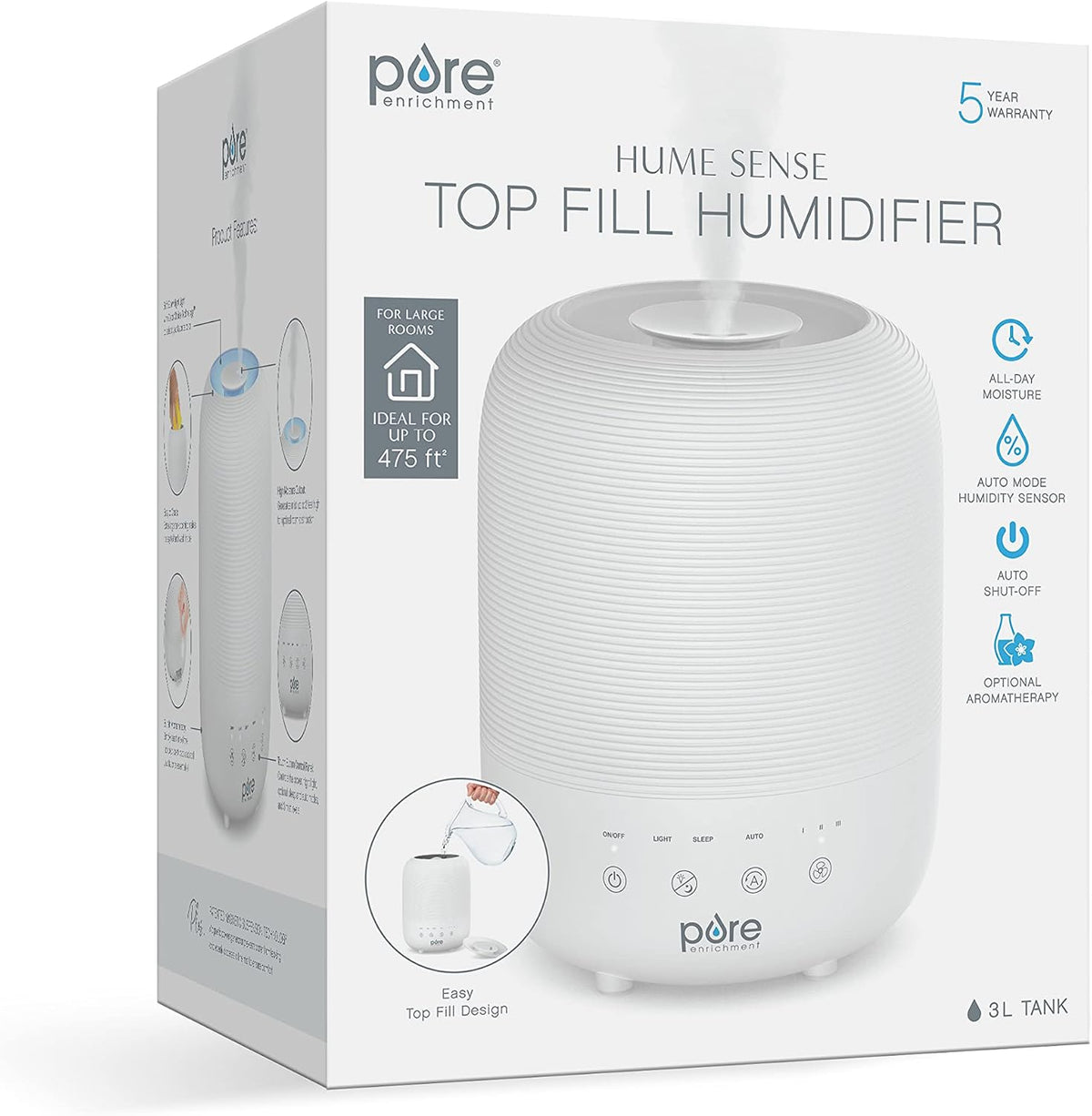 Pure Enrichment® HUME™ Sense Top Fill Humidifier – Large 3L Tank, Auto Mode Humidity Sensor, 3 Mist Settings, Optional Night Light, Optional Aromatherapy, Sleep Mode & Auto Shut-Off