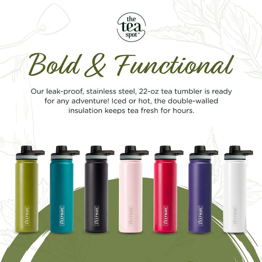 The Tea Spot Steepware Tea Tumbler and Thermos, 22oz, Tea Bottle with tea infuser for loose leaf tea or iced coffee, Sleek Double Wall Tumbler & Insulated Travel Bottle - Olive