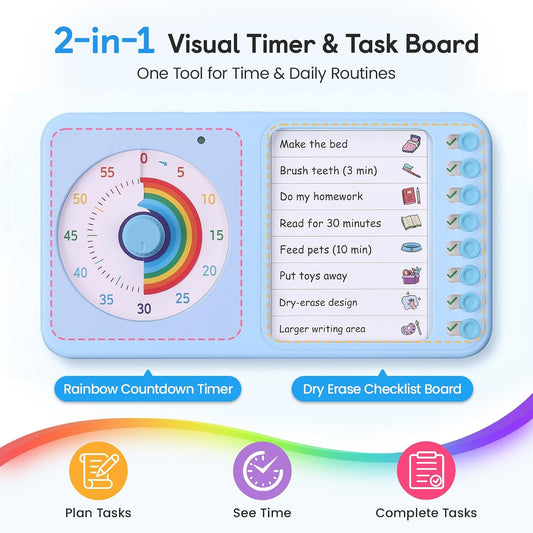 2-in-1 Visual Timer with Task Board for ADHD & Autism, Dry Erase Chore Chart and Visual Schedule for Kids & Adults, Rainbow Countdown Timer for Classroom, Home, Homeschooll (Blue)